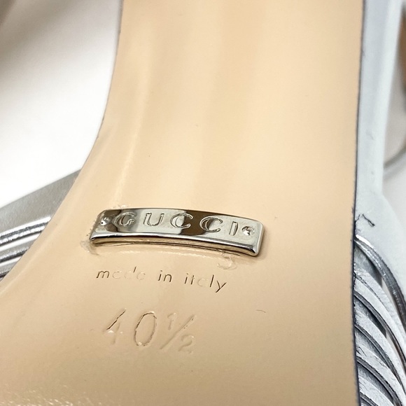 GUCCI Crawford Knotted Leather Silver Metallic Strap Heel Sandals - Picture 9 of 11